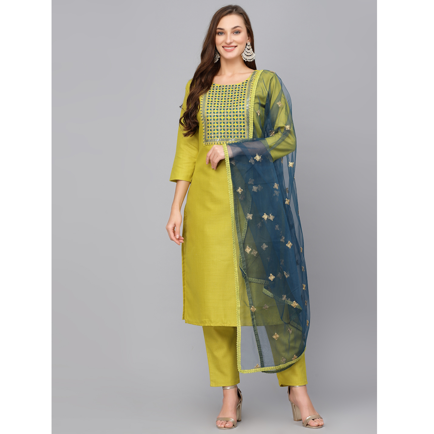 Parrot Green Straight Embroidered Cotton Blend Stitched Kurta Pant Dupatta Set